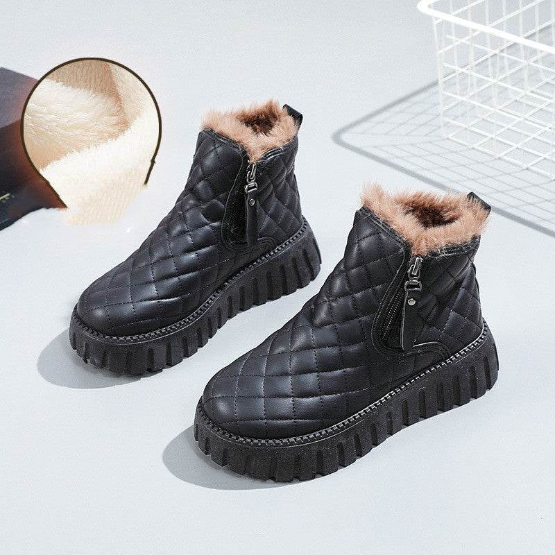 Women's Plaid Pattern Platform Ankle Boots Casual Side Zipper Plush Lined Snow Boots Winter Comfortable Short Boots - ProTrendyz