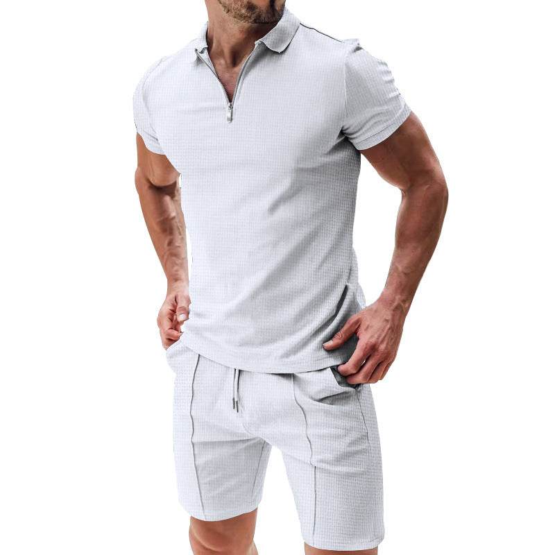 2Pcs Casual Waffle Suit Summer Zipper Lapel Short-sleeved Top And Drawstring Pockets Shorts Versatile Solid Color T-shirt Set For Mens Clothing - ProTrendyz