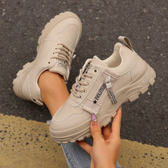 Lace-up Sports Shoes With Side-Zipper Design Fashion Thick-soled Round-toe Casual Shoes For Women Sneakers - ProTrendyz