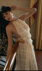 2pcs Women's Dress Suit Sexy Sleeveless Backless Cropped Halter Top And Pleated Long Skirt Beach Clothing - ProTrendyz