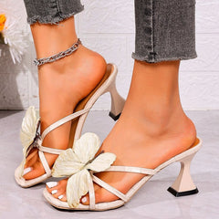 French Niche Temperament Butterfly One Line Slippers, Slim Heel Square Toe High-heeled Sandals, Cool Sandals