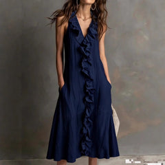 Solid-color Sleeveless Cotton-Linen V-Neck Maxi Dress With Ruffled Hem
