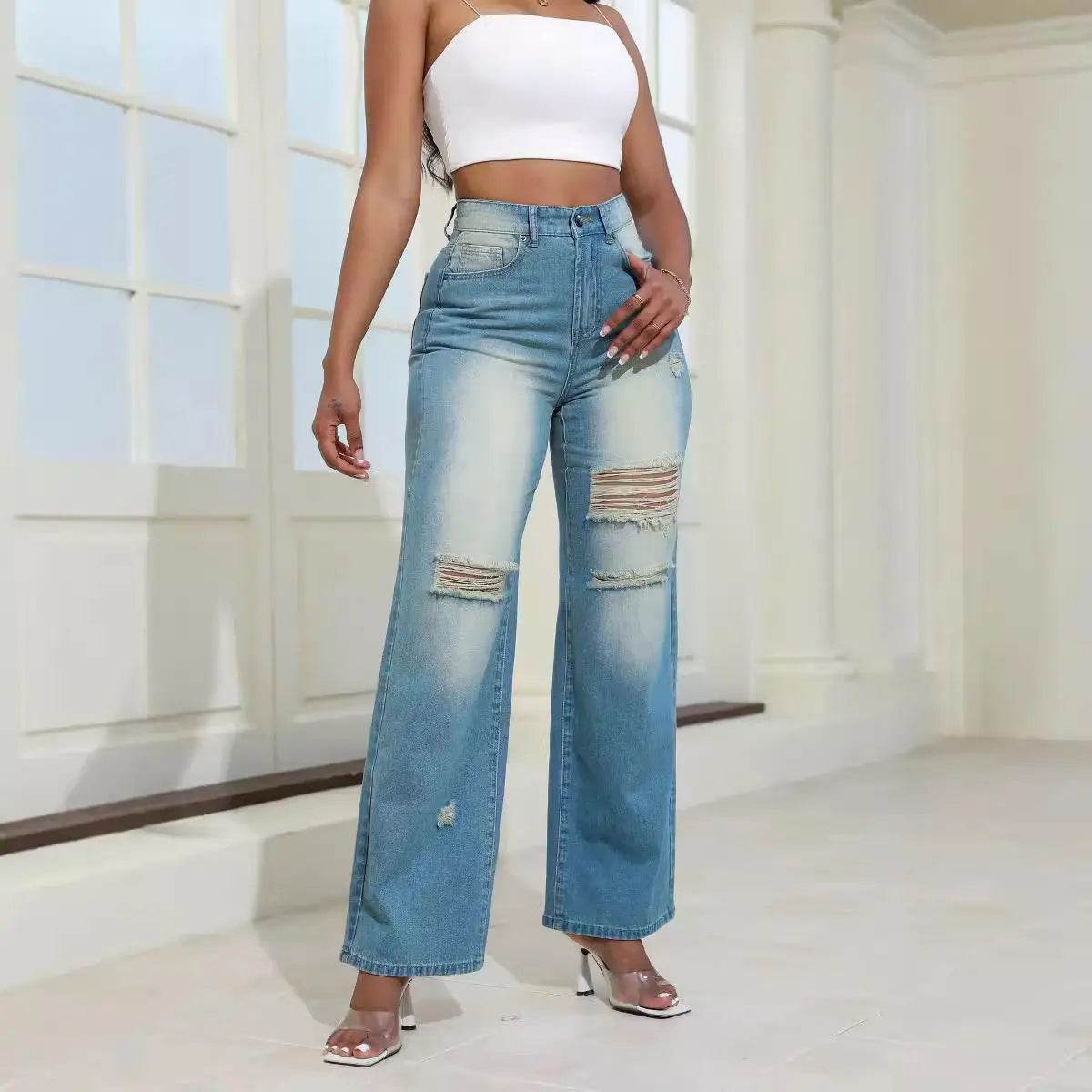 Fashion High Waist Ripped Jeans With Pockets Comfortable Slim Fit Trousers Straight Wide-leg Pants Womens Clothing - ProTrendyz