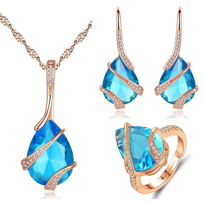 Three-piece Set Colored Gems Set Rings Necklace Earrings - ProTrendyz