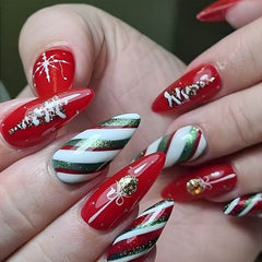 24pcs Christmas False Nails Hat Striped Snowflake Nail Art Stickers For Parties Dances Or Holiday Wear - ProTrendyz