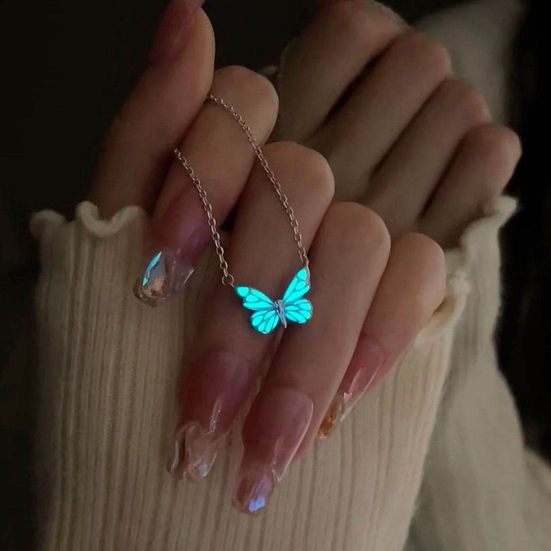 Fashion Blue Luminous Butterfly Necklace Bracelet Set For Glow In The Dark Women Clavicle Chain Choker Party Jewelry Set Gift - ProTrendyz