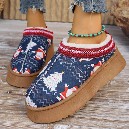 Women's Cartoon Christmas Print Ankle Boots Casual Slip On Plush Lined Home Shoes Comfortable Winter Short Boots - ProTrendyz