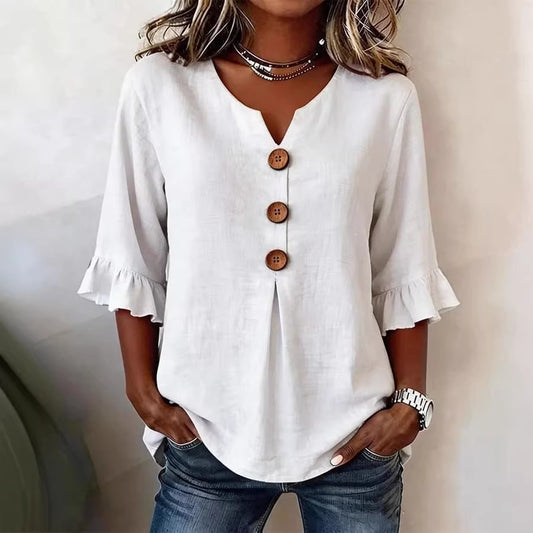 Women's V-neck Cotton-linen Button-up Top