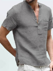 Casual Linen Solid Color Shirt Button V Neck Beach Shirt Men Summer Tops - ProTrendyz