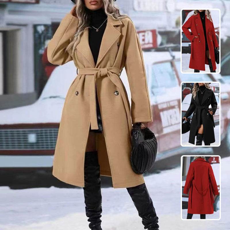 Lapel Double-breasted Trench Coat With Belt Winter Fashion Solid Color Long Jacket Outwear Women Clothing - ProTrendyz