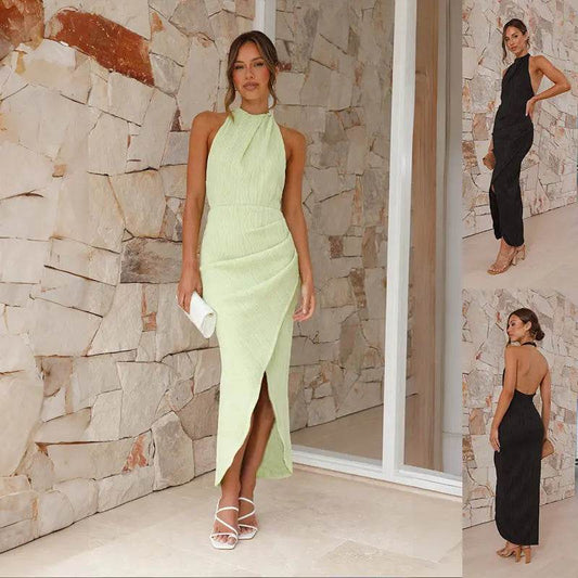 Halter Split Long Dress Summer Slim Fit Backless Dresses Solid High-end Women's Clothing - ProTrendyz