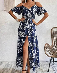 Flower Print Split Suspender Dress With Lace-up Design Summer Fashion Long Dresses Beach Clothing For Women - ProTrendyz