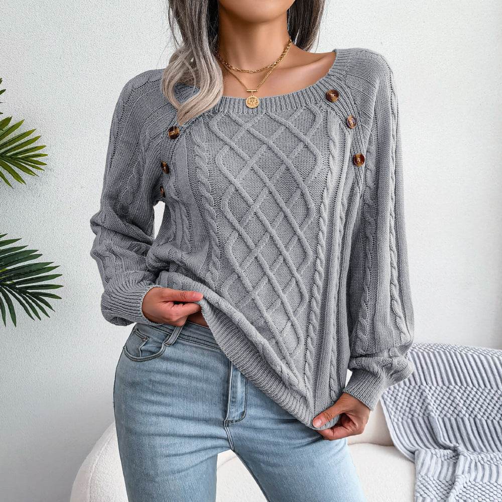 Square Neck Knitted Sweater With Button Design Winter Warm Long Sleeve Tops Women's Clothing - ProTrendyz