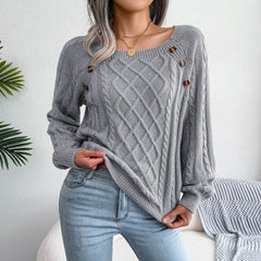 Square Neck Knitted Sweater With Button Design Winter Warm Long Sleeve Tops Women's Clothing - ProTrendyz