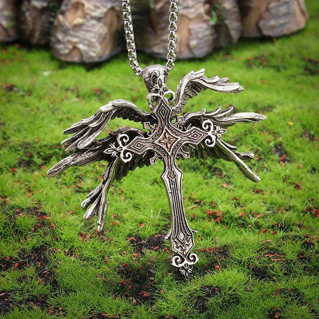 Vintage Silver Six Winged Angel Wings Cross Pendant Necklace - ProTrendyz