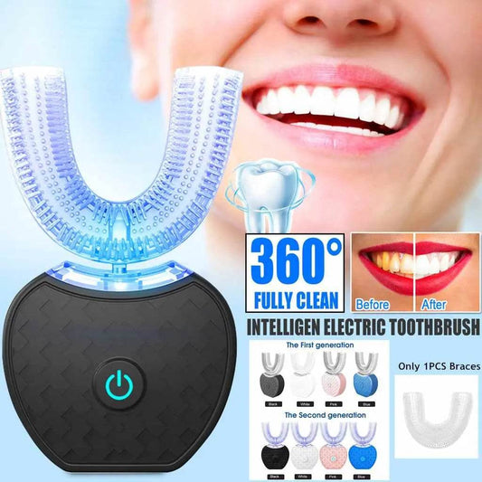 360 Degrees Intelligent Automatic Electric Toothbrush Waterproof U Type Tooth Brush Whitening Blue Light USB Charging - ProTrendyz