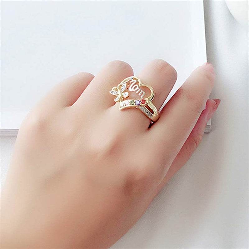 Mother's Day Gift Hollow Heart English Letter Love Mom Rhinestone Butterfly Finger Ring Jewelry Gift - ProTrendyz