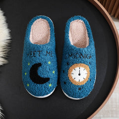 Fashion Moon And Clock Print Home Slippers Winter Warm Floor Bedroom House Shoes For Women - ProTrendyz