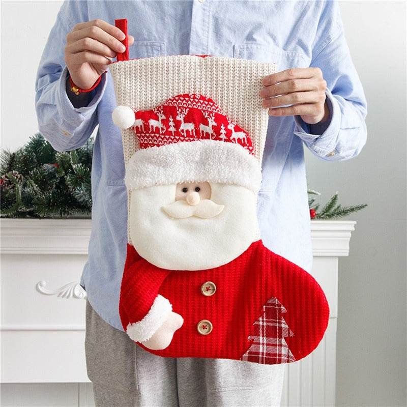Large Red White Knitted Christmas Stocking Santa Claus Fireplace Decor Socks Xmas Gift Bags Candy Holder Decor For Home - ProTrendyz