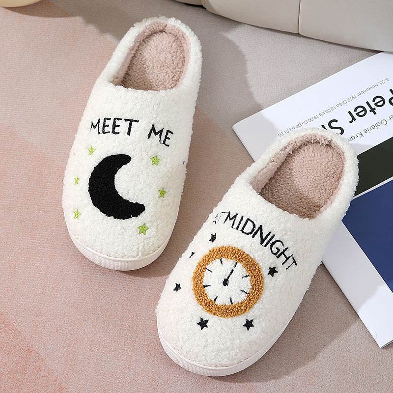 Fashion Moon And Clock Print Home Slippers Winter Warm Floor Bedroom House Shoes For Women - ProTrendyz