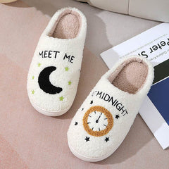 Fashion Moon And Clock Print Home Slippers Winter Warm Floor Bedroom House Shoes For Women - ProTrendyz