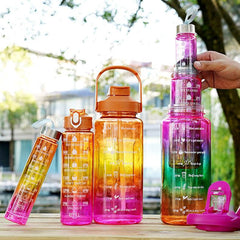 3-in-1 Gradient Color Motivational Water Bottles Set Plastic Straw Double Drink Translucent Outdoor Sports Bottle - ProTrendyz