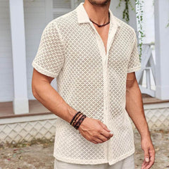Summer Mesh Short Sleeve Shirt Fashion Solid Color Lapel Shirt Tops Beach Men Clothing - ProTrendyz