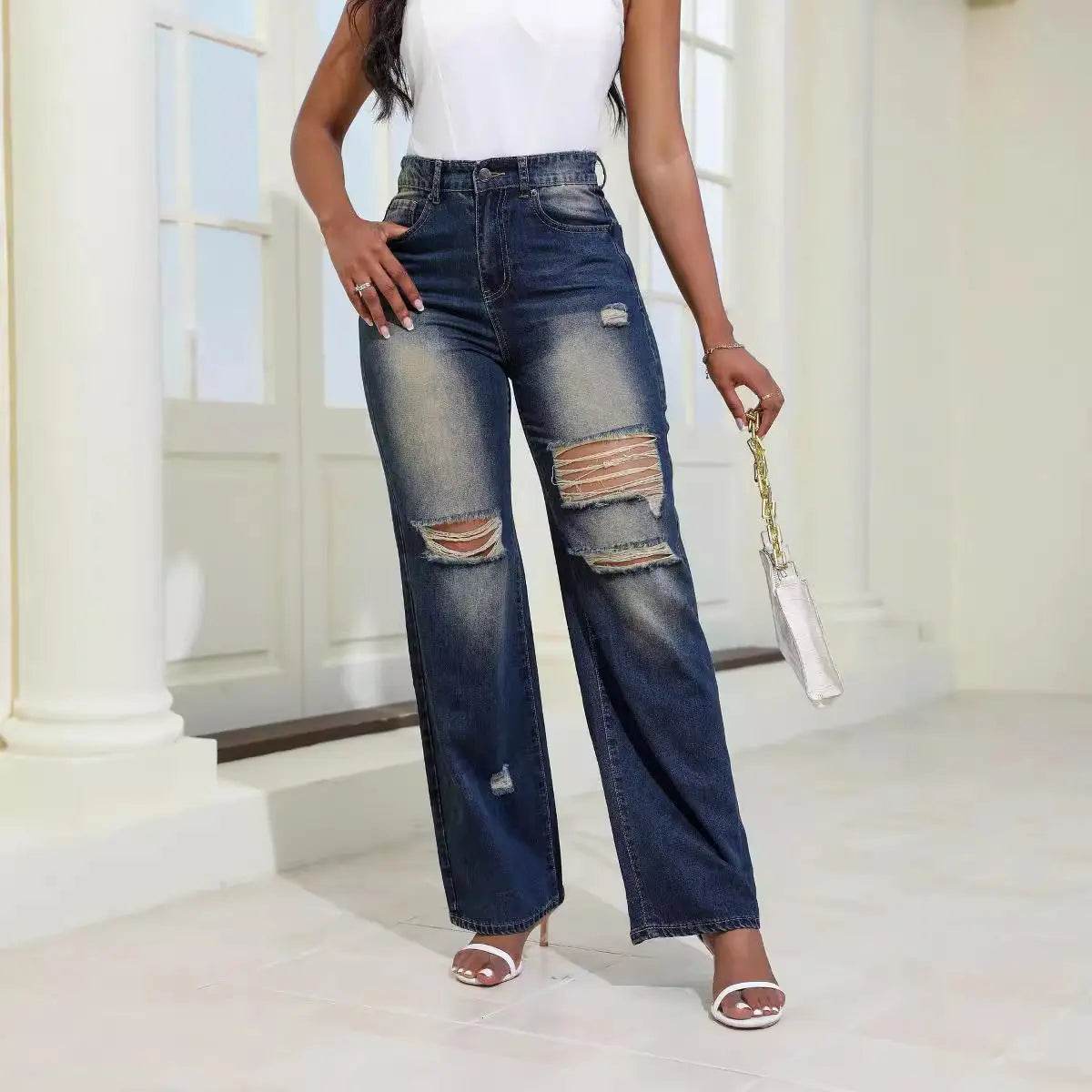 Fashion High Waist Ripped Jeans With Pockets Comfortable Slim Fit Trousers Straight Wide-leg Pants Womens Clothing - ProTrendyz