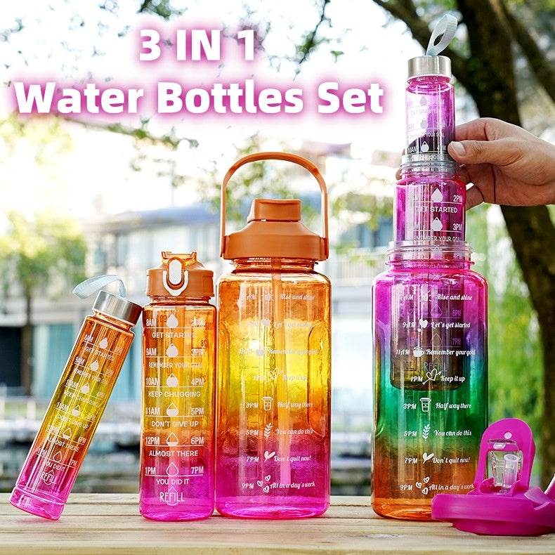 3-in-1 Gradient Color Motivational Water Bottles Set Plastic Straw Double Drink Translucent Outdoor Sports Bottle - ProTrendyz