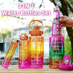 3-in-1 Gradient Color Motivational Water Bottles Set Plastic Straw Double Drink Translucent Outdoor Sports Bottle - ProTrendyz
