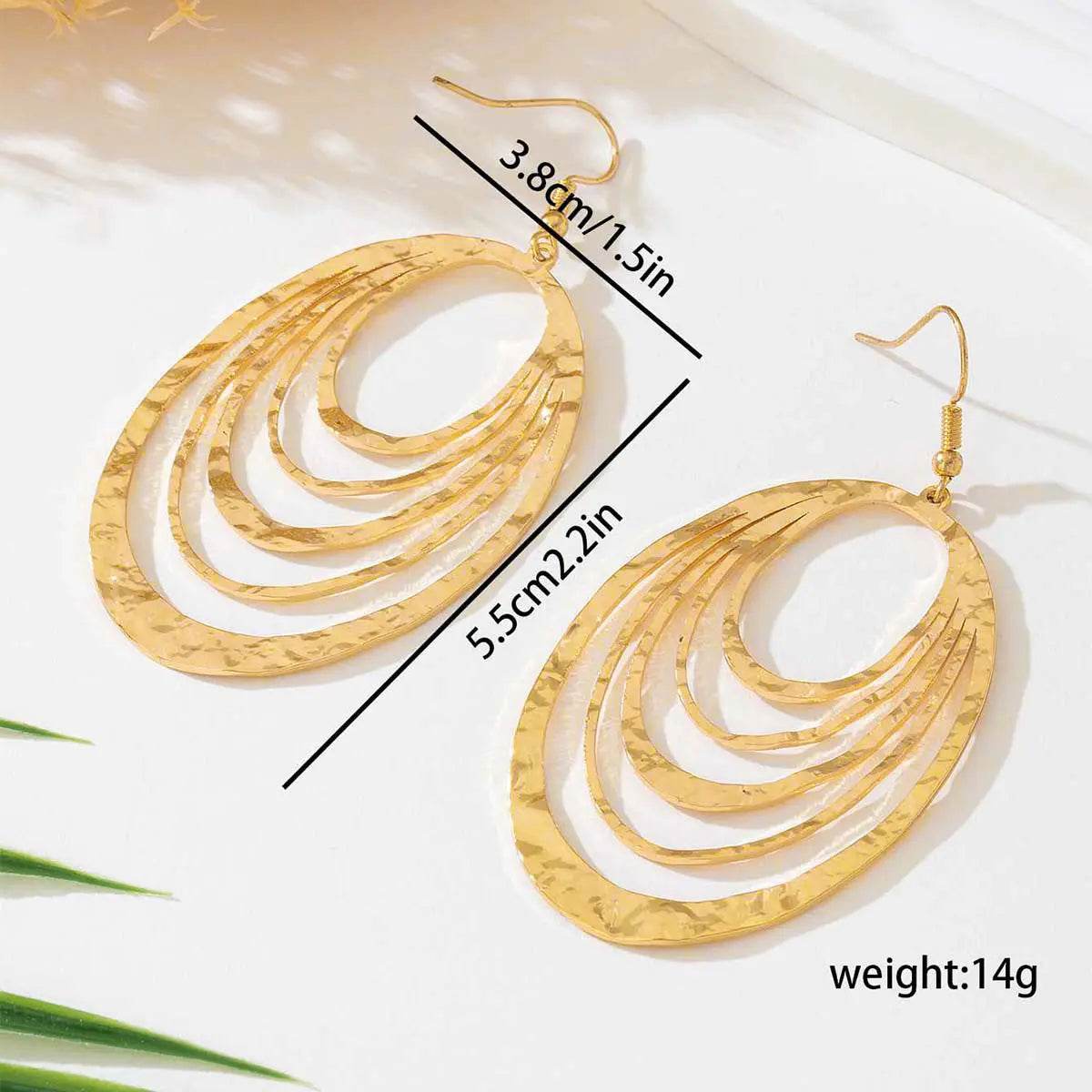 European And American Fashion Elegant 3 Layer Hollow Oval Shaped Big Gold-color Stainless Steel Dangle Drop Earrings - ProTrendyz