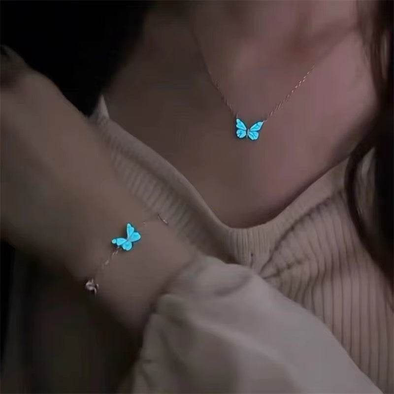 Fashion Blue Luminous Butterfly Necklace Bracelet Set For Glow In The Dark Women Clavicle Chain Choker Party Jewelry Set Gift - ProTrendyz