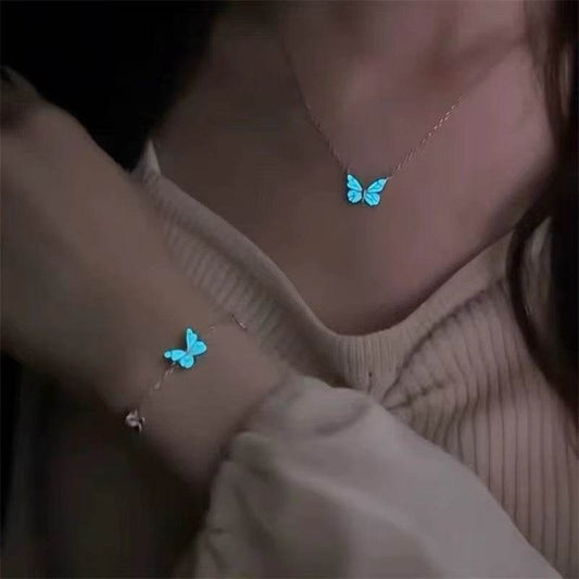 Fashion Blue Luminous Butterfly Necklace Bracelet Set For Glow In The Dark Women Clavicle Chain Choker Party Jewelry Set Gift - ProTrendyz