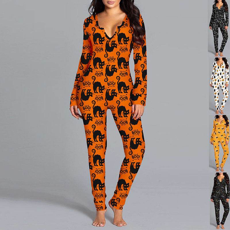 Halloween Printed Jumpsuit Long Sleeve Home Pajamas Casual Trousers Women's Cos Clothing - ProTrendyz