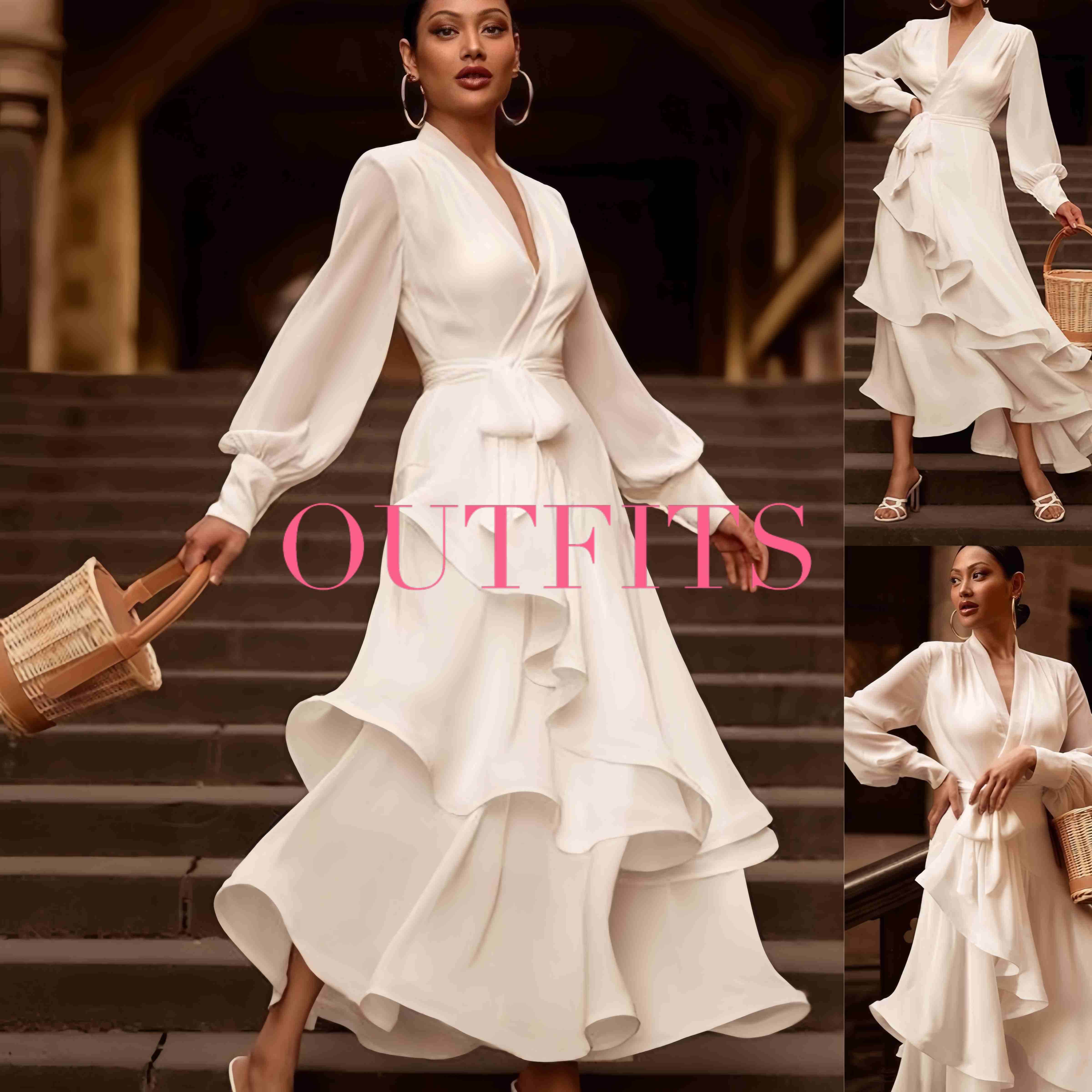 V-neck Prom Dress Long Sleeve Ruffles Long Prom Dress Elegant Dresses For Women White Satin Dress Layered Woman Clothes Casual 3XL XXXL - ProTrendyz