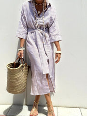 Striped Shirt Dress With Belt Fashion Half-sleeved Lapel Button Cardigan Dresses Women's Clothing