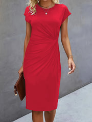 Women's Casual Tight Front Knot Round Neck Mid-length Dress