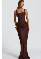 Womens Elegant Solid-Color Slim-Fit Waist-Cinching Backless Slip Dress