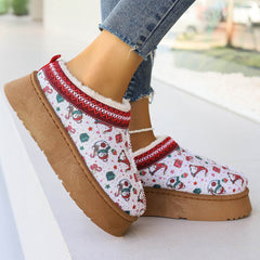 Women's Cartoon Christmas Print Ankle Boots Casual Slip On Plush Lined Home Shoes Comfortable Winter Short Boots - ProTrendyz