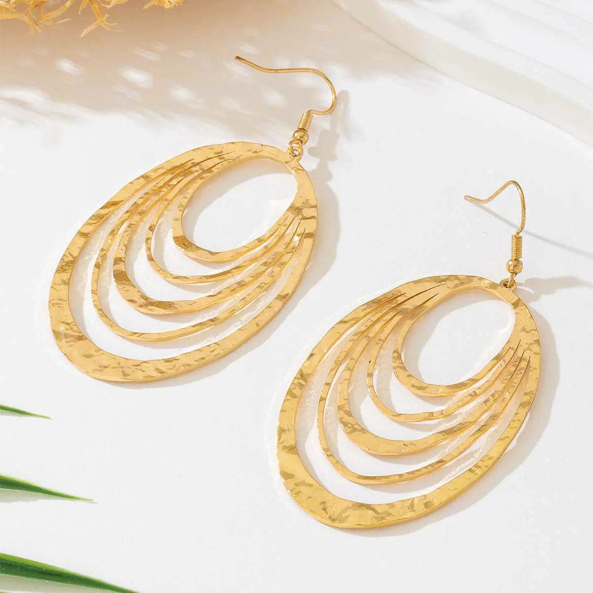 European And American Fashion Elegant 3 Layer Hollow Oval Shaped Big Gold-color Stainless Steel Dangle Drop Earrings - ProTrendyz