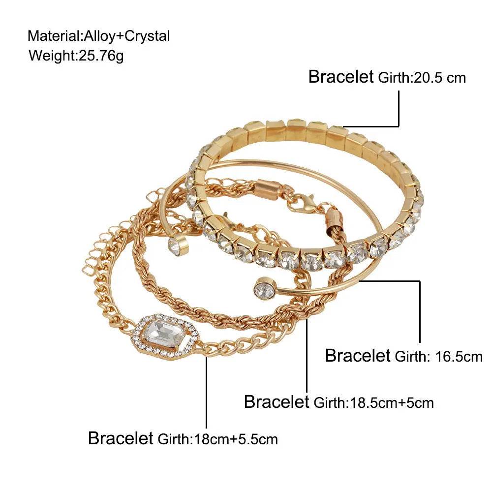Fashion Jewelry 4 Pcs Crystal Bracelet Set Bohemian Design For Women Vintage Luxury Twisted Cuff Chains Armband Jewelry Accessories - ProTrendyz
