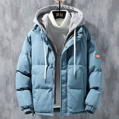 Fashion Hooded Jacket Men Winter Windproof Thickened Fake Two-piece Coat Solid Leisure Sports Cotton Jacket - ProTrendyz