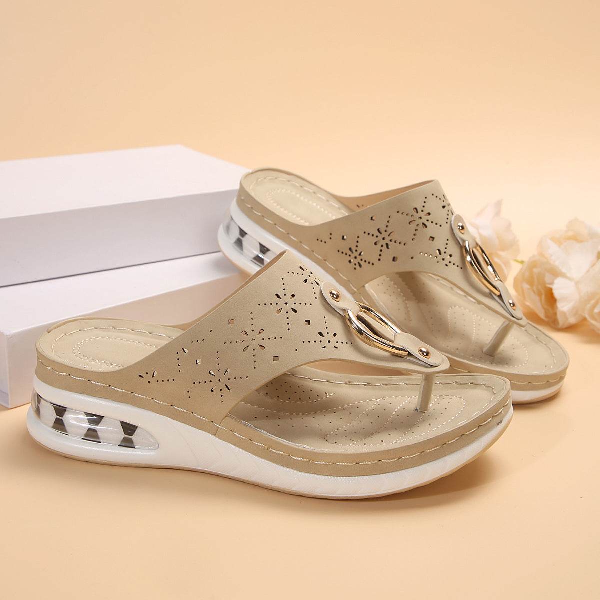 New Air Cushion Thong Sandals Summer Flip Flops Hollow Metal Buckle Wedges Shoes For Women Thick Sole Beach Shoes - ProTrendyz