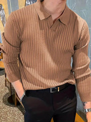 Lapel Texture Stretch Slim Knit Polo Shirt Men Polo Shirt Fashion Waffle Long-sleeved Tops Clothing Casual Comfortable Golf Men's Clothing - ProTrendyz