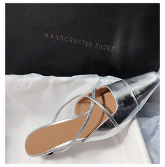Women's Silver Closed Toe Mule Slides 2025 Summer New British Style Chunky Heel Lazy Slip-on Sandals