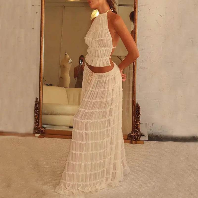 2pcs Women's Dress Suit Sexy Sleeveless Backless Cropped Halter Top And Pleated Long Skirt Beach Clothing - ProTrendyz