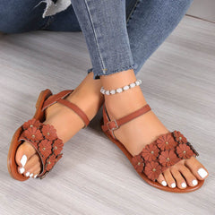 Retro Flowers Sandals Summer Casual Versatile Round Toe Buckle Flat Beach Shoes For Women New Roman Shoes - ProTrendyz