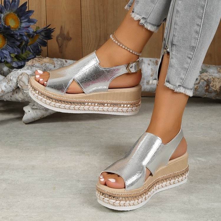 Summer Shiny Sandals Hollow Design Fish Mouth Sandal For Women Fashion Buckle Wedges Shoes - ProTrendyz