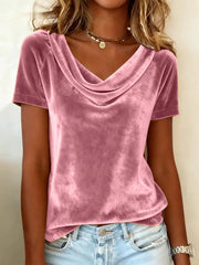 New Solid Color Scoop Neck Short-Sleeve Sexy Velvet T-Shirt