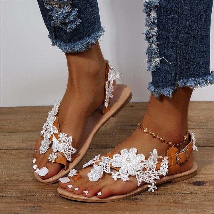 Lace Sandals Bohemia Beach Shoes Flowers Ankle Strap Flat Shoes Summer - ProTrendyz